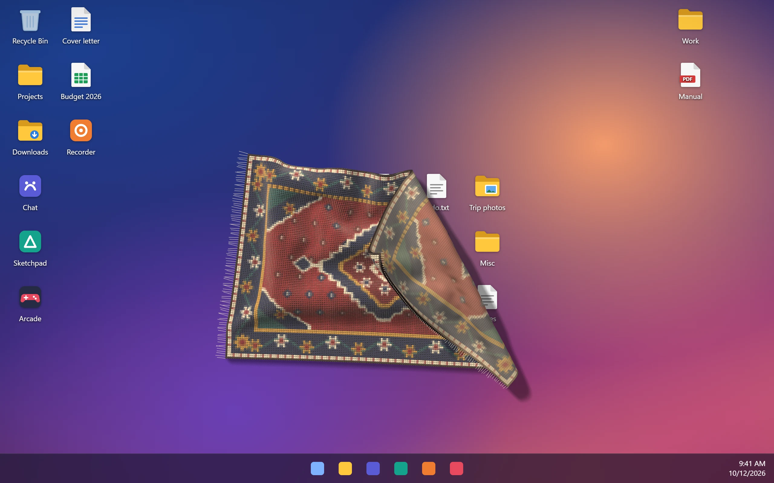 A rug on a Windows desktop with its top-right corner lifted and folded back, showing icons underneath.