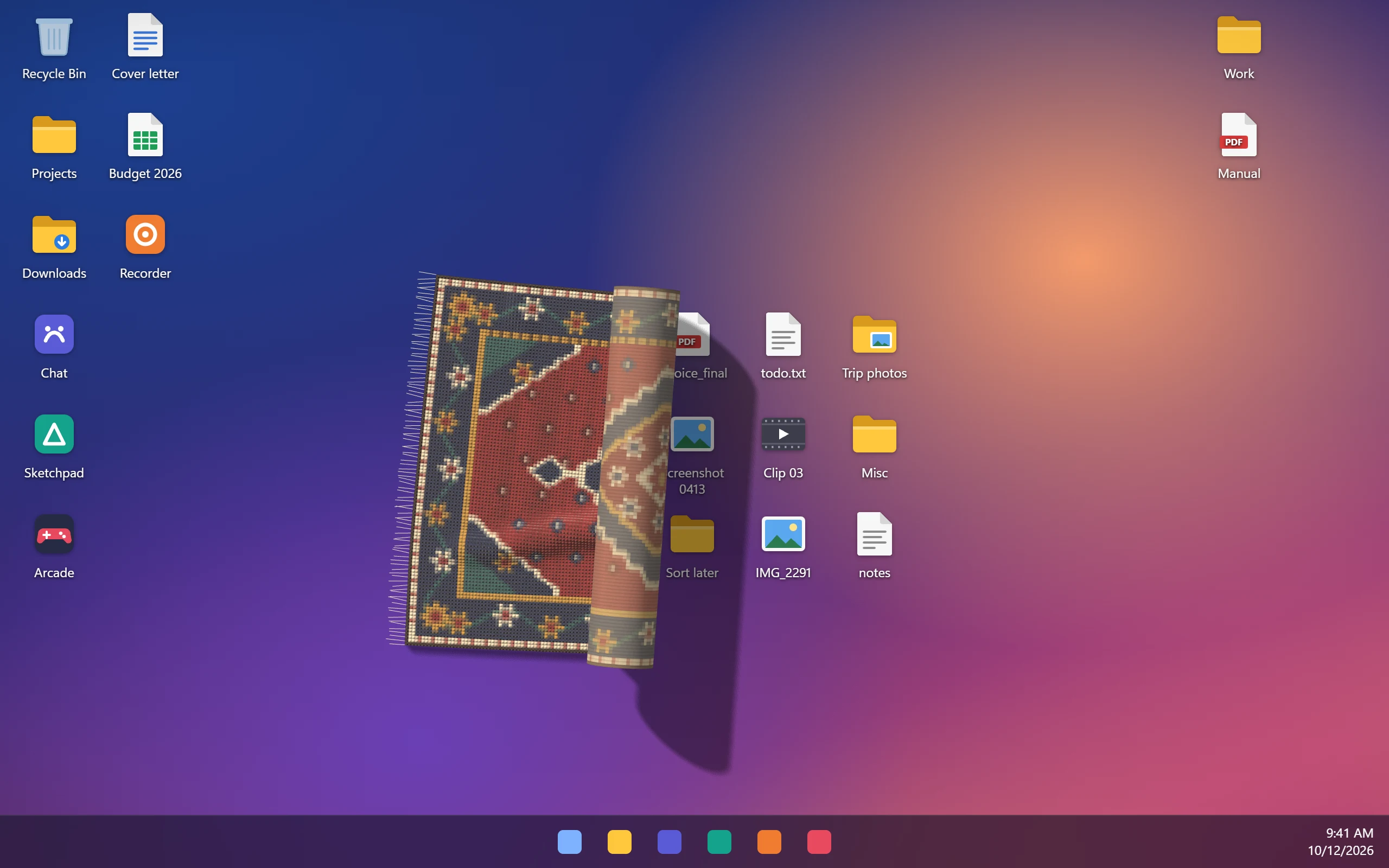 The rug rolled up halfway from the right, revealing the desktop icons it was hiding.