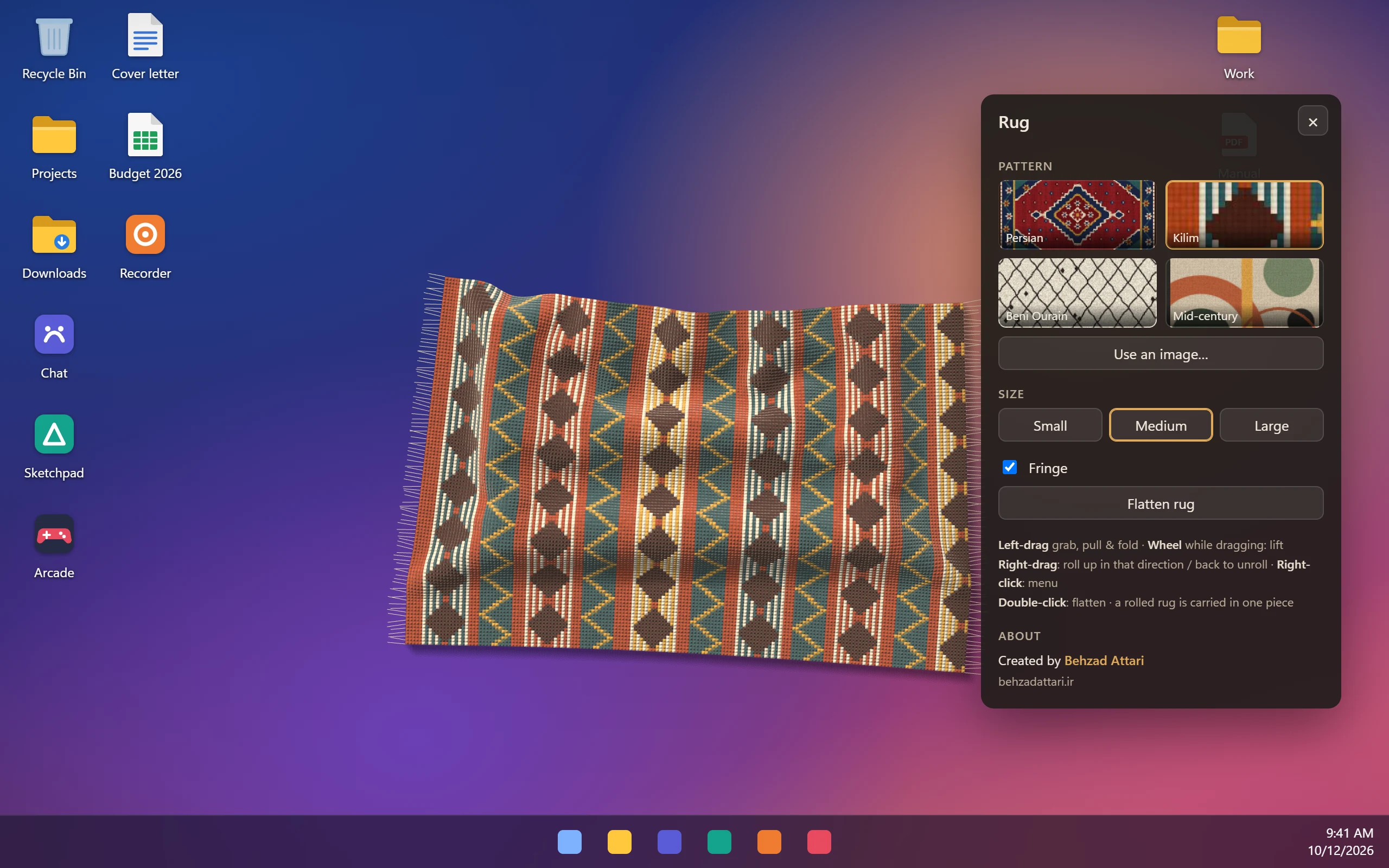 Qali's settings panel next to a striped kilim rug on the desktop.
