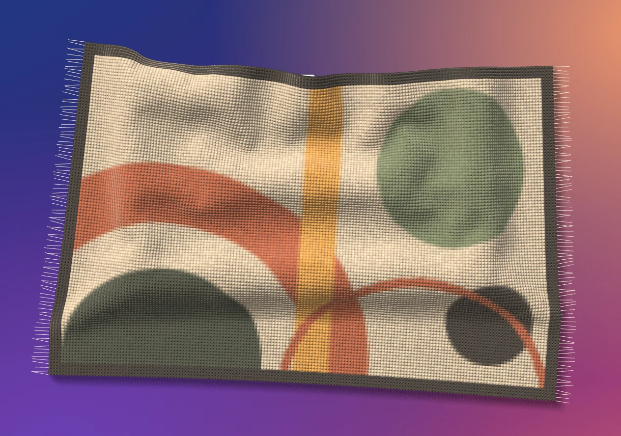 Mid-century rug with abstract circles and arcs in green, orange and mustard.
