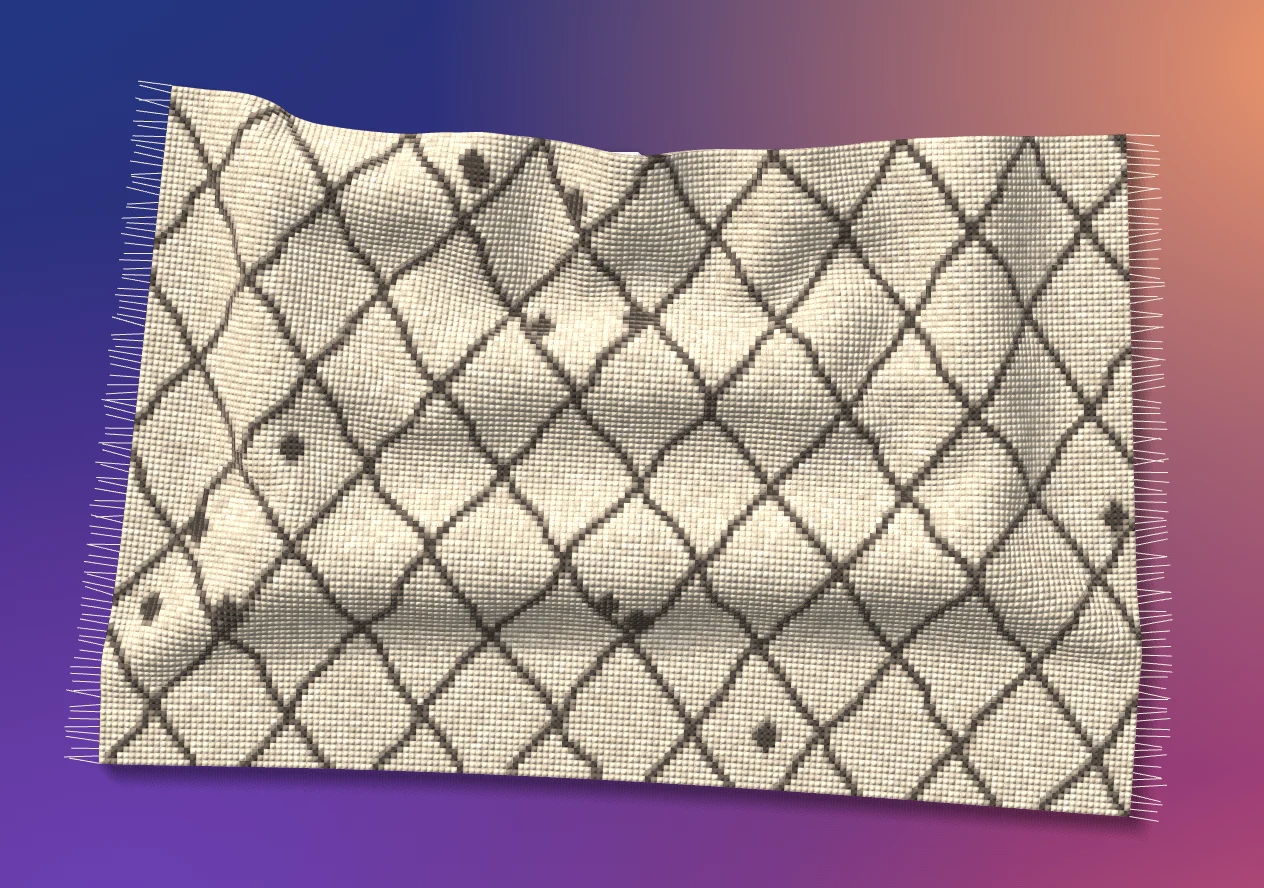 Cream Beni Ourain rug with a dark diamond lattice, showing the bumps of icons underneath.